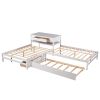 Full Size L-shaped Platform Beds with Twin Size Trundle and Drawers Linked with Built-in Rectangle Table