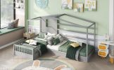 Wood House Bed Twin Size;  2 Twin Solid Bed L structure with fence and slatted frame