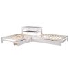 Full Size L-shaped Platform Beds with Twin Size Trundle and Drawers Linked with Built-in Rectangle Table