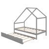 Twin Size Wooden House Bed With Twin Size Trundle