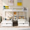 Full Over Twin & Twin Bunk Bed, Wood Triple Bunk Bed with Drawers and Guardrails