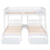 Full Over Twin & Twin Bunk Bed, Wood Triple Bunk Bed with Drawers and Guardrails