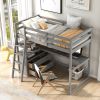 Twin Size Loft Bed with Desk and Shelves;  Two Built-in Drawers